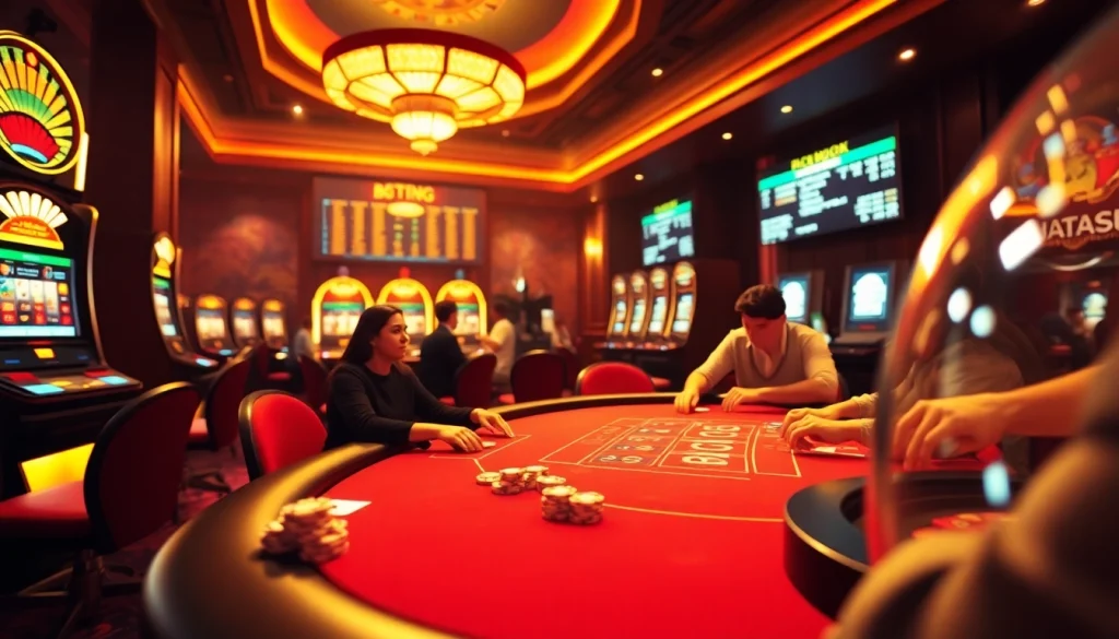 Jogoluck’s vibrant poker scene, showcasing players immersed in thrilling gameplay, chips stacked high.