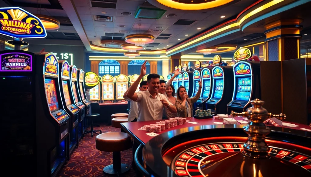 Players enjoying the game nổ hũ at a lively casino, celebrating wins with poker chips and jackpot machines.