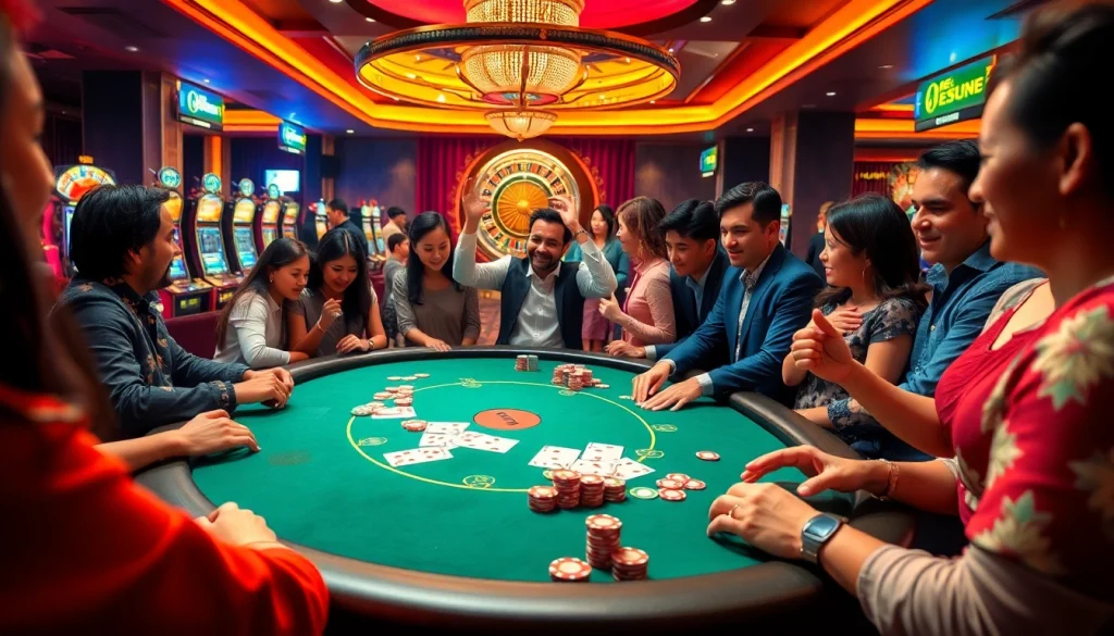Experience the thrill of victory at https://tobet88vn.com/ as players celebrate winning hands at a lively poker table.