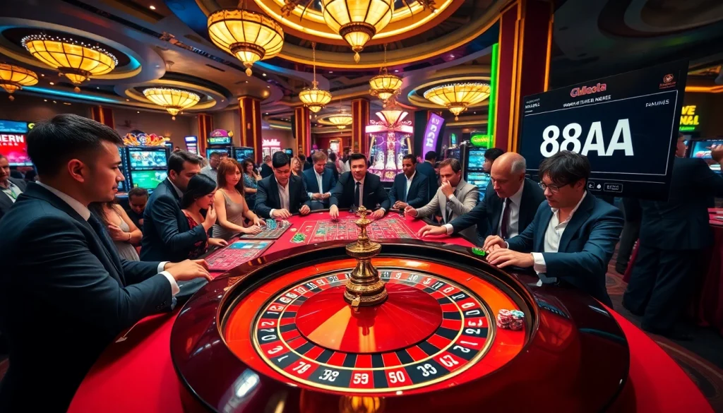 Experience the thrill of 88AA at a bustling casino with gamblers placing bets at a roulette table.