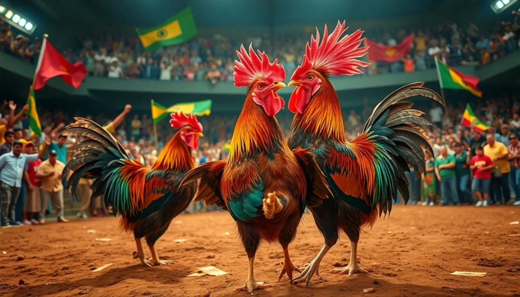Witness the excitement of 69vn.rodeo with vibrant roosters and an enthusiastic crowd at a cockfighting event.