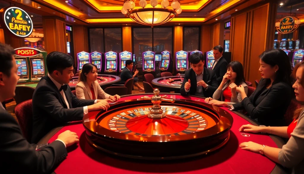 Experience the thrill of giải mã nhà cái as players engage at a poker table within a luxurious casino setting.