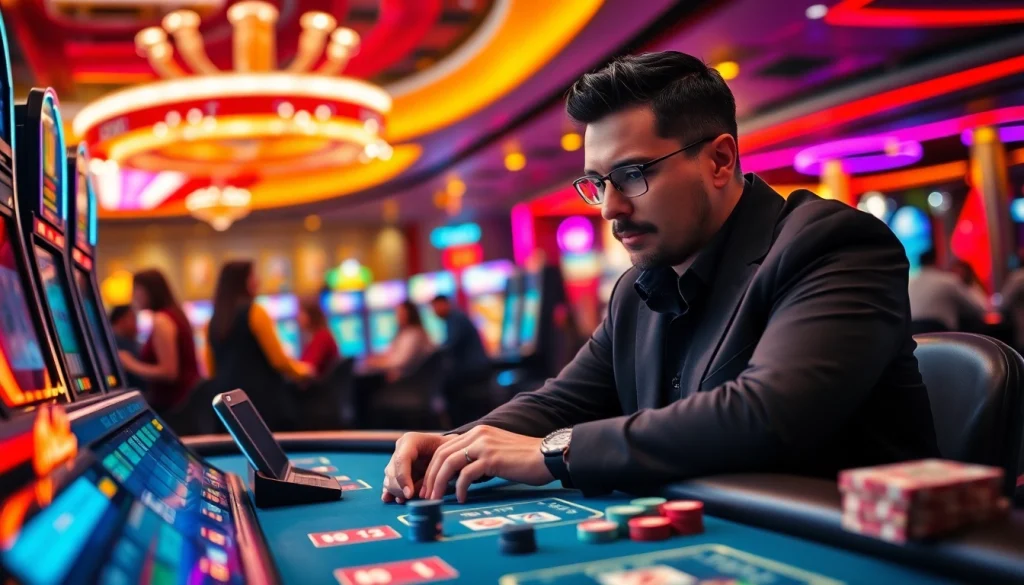 Join the excitement at https://VNQ8.red/ with a professional gambler in a vibrant casino setting.