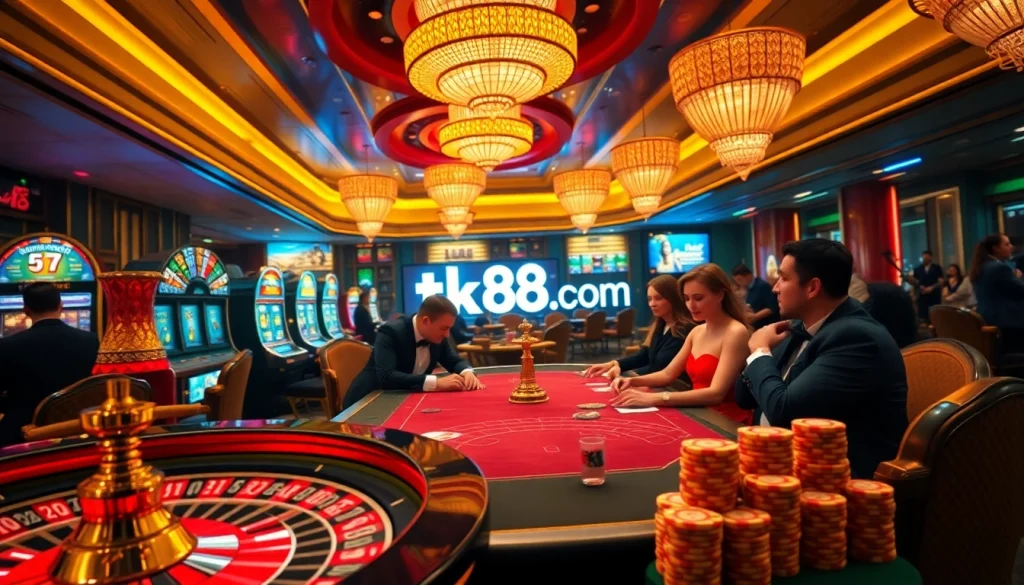 Experience thrilling gameplay at tk88 com casino with poker tables, vibrant slot machines, and an exciting gaming atmosphere.