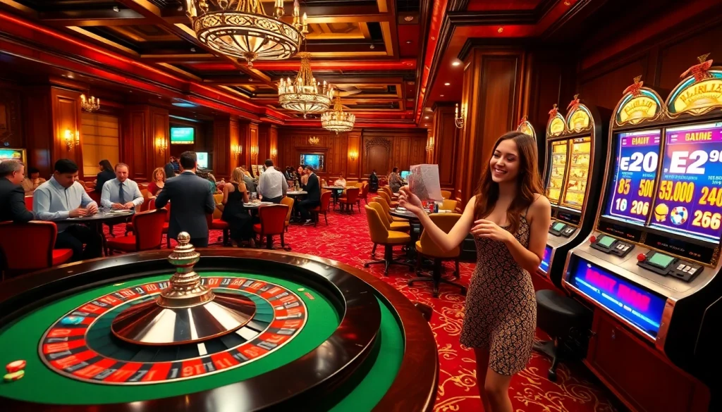 E28 captures the excitement of a bustling casino featuring roulette, players, and vibrant slot machines.