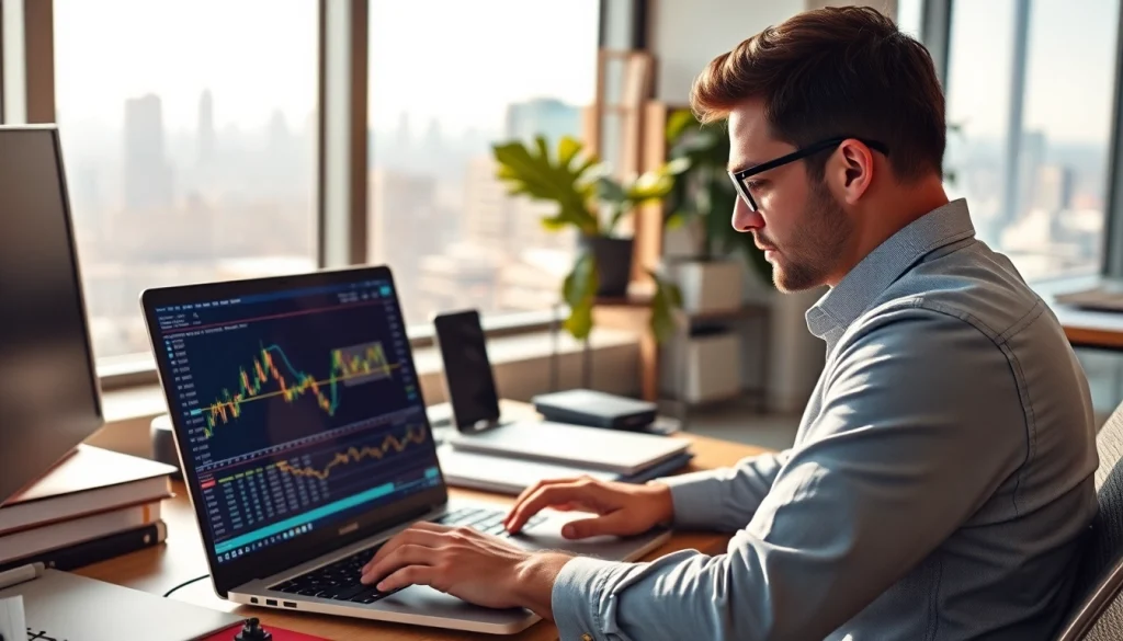 XAUUSD SIGNALS analysis with a forex trader working in a modern office