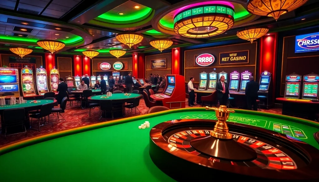 Experience the excitement of RR88 with vibrant casino tables, roulette wheel, and engaging gameplay.