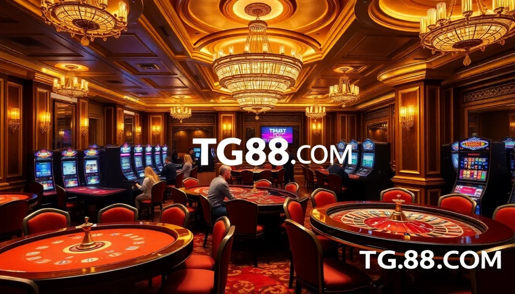 Experience excitement at TG88.COM with players enjoying poker and roulette in a luxurious casino.