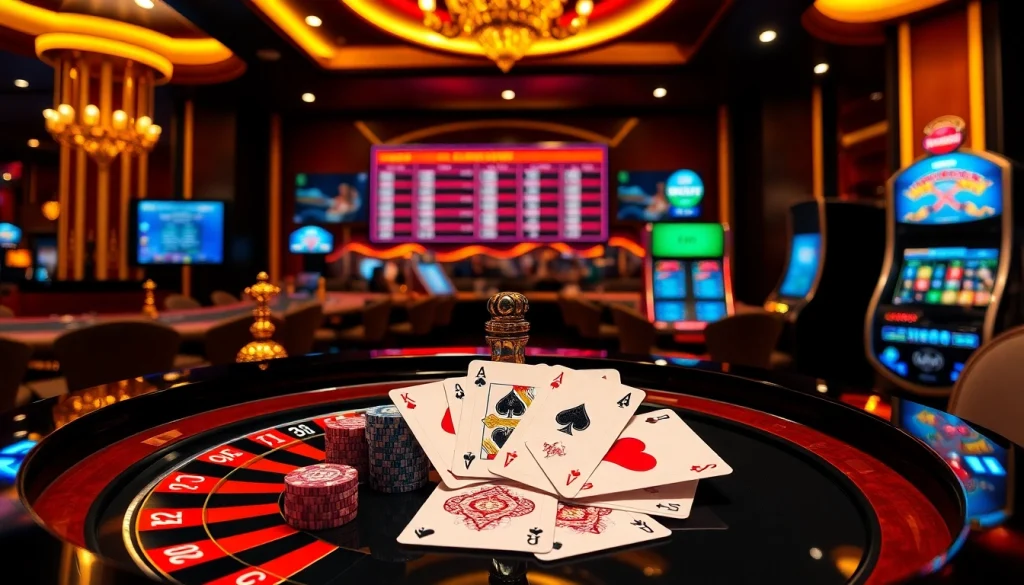 Experience the excitement of usbet with a luxurious casino scene featuring vibrant game tables and poker chips.