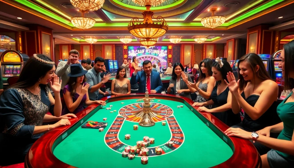 A lively casino atmosphere with players engaging around a roulette table, featuring insights from https://nhandinhkeonhacai.news/ for effective betting strategies.