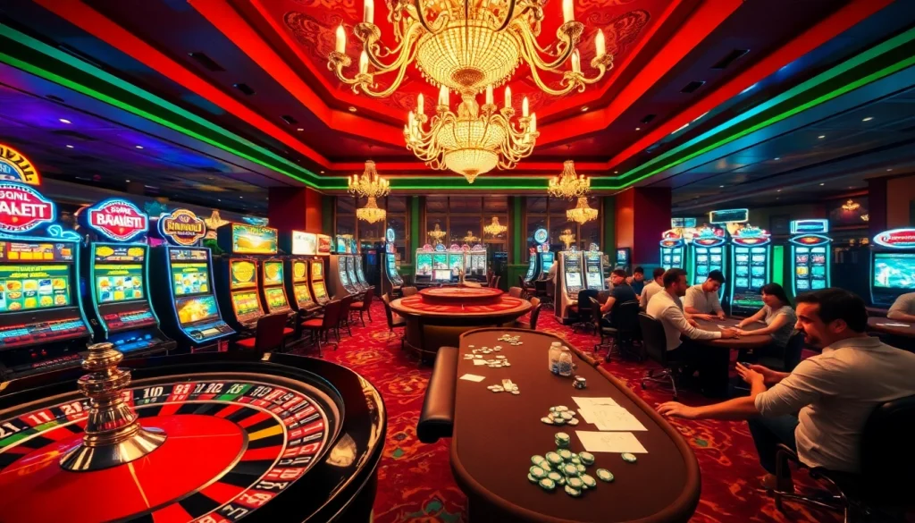 Gambling thrill at https://af88.mba/ with a bustling casino, players at poker tables, and vivid slot machines.