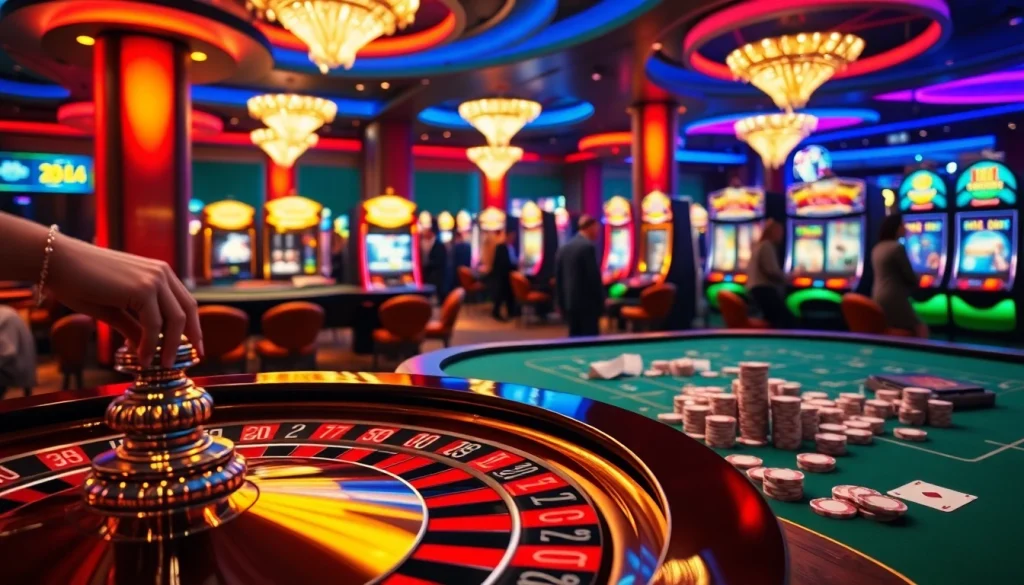 Exciting casino atmosphere featuring the f168 roulette section, vibrant slot machines, and engaging players in action.