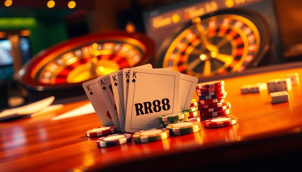 Experience the thrilling atmosphere at RR88 with vibrant casino gaming visuals showcasing poker chips and tables.
