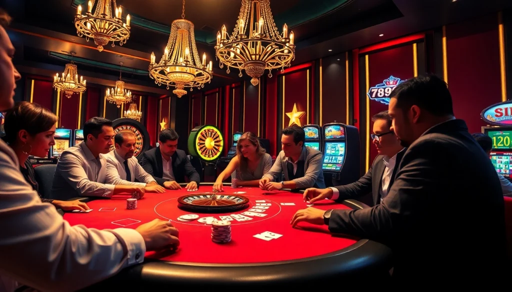Gamblers enjoying a high-stakes game at 789club casino, surrounded by luxury.