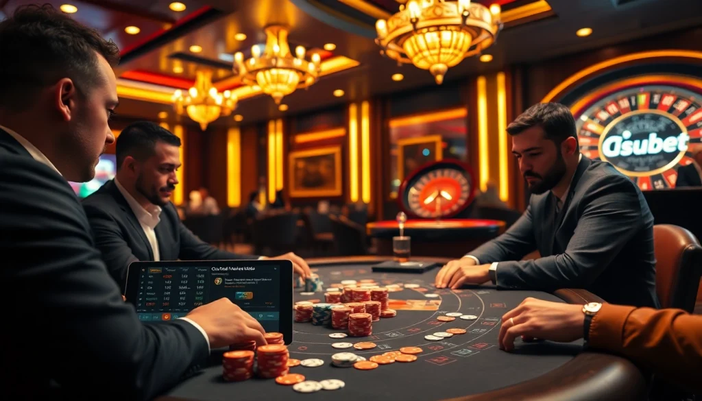 usbet players strategizing at a vibrant poker table surrounded by chips and live betting screens.