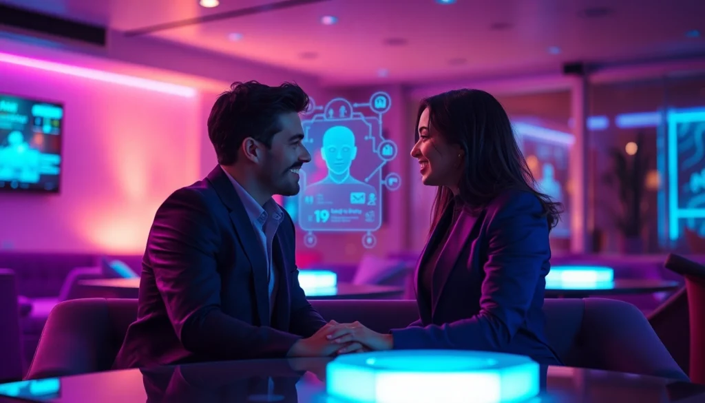 Engaging interaction with sex ai in a futuristic dating environment, featuring a couple and a holographic assistant.