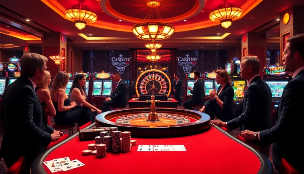 Players enjoying a thrilling game at rr88.com casino, showcasing poker tables and vibrant slot machines.