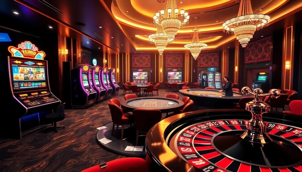 Exciting gambling scene showcasing Nhà cái GK88 with poker games, roulette, and vibrant slot machines.