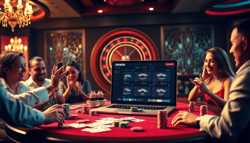 Exciting casino scene featuring 789WIN poker game with vibrant table and chips.