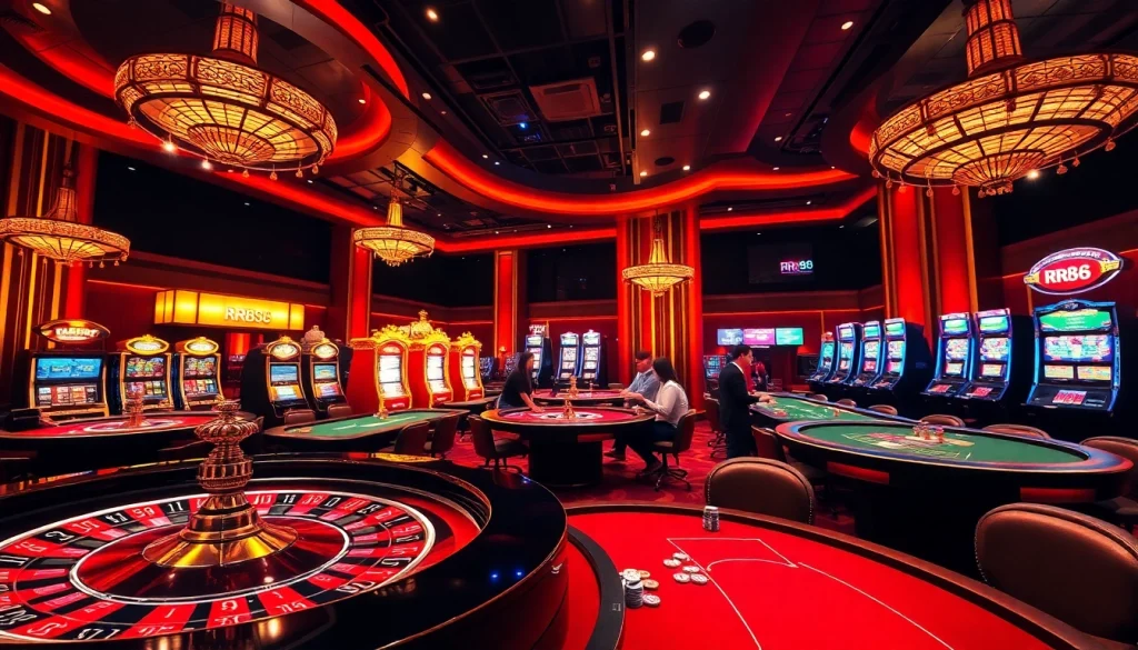 RR88 players enjoying a thrilling game at a vibrant casino table with chips and cards laid out.